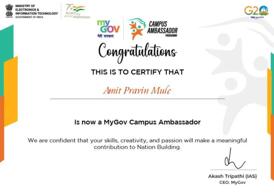MyGov India Campus Ambassador Certificate